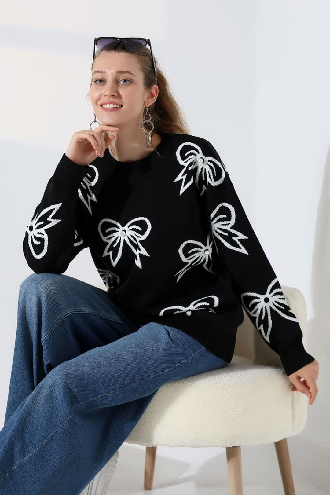 Black Bow Patterned Sweater BCES-252045 - Piedras Negras