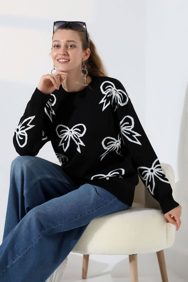 Black Bow Patterned Sweater BCES-252045 - Piedras Negras