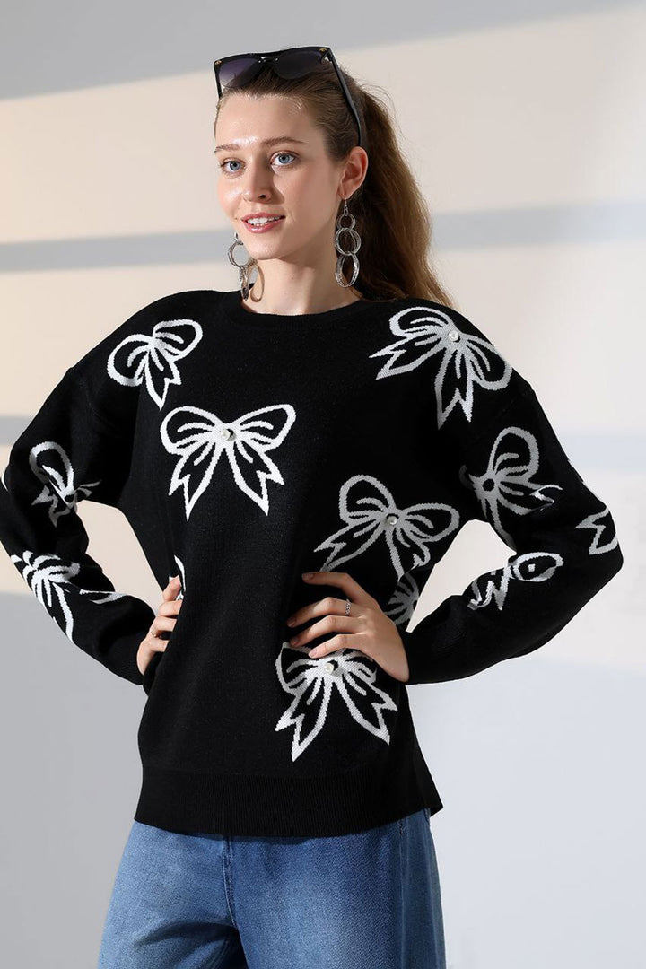 Black Bow Patterned Sweater BCES-252045 - Piedras Negras