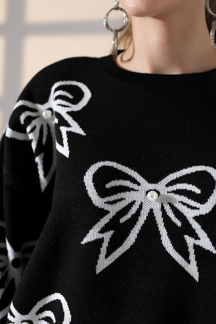 Black Bow Patterned Sweater BCES-252045 - Piedras Negras