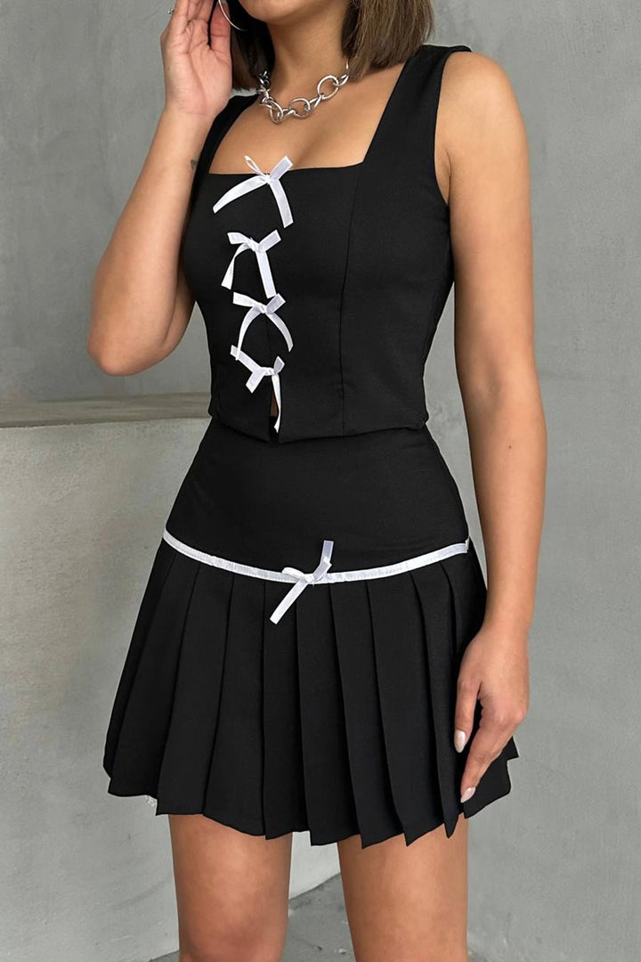 Black Bow Detail Blouse and Pleated Skirt Set BCHN-25255015 - South Bend