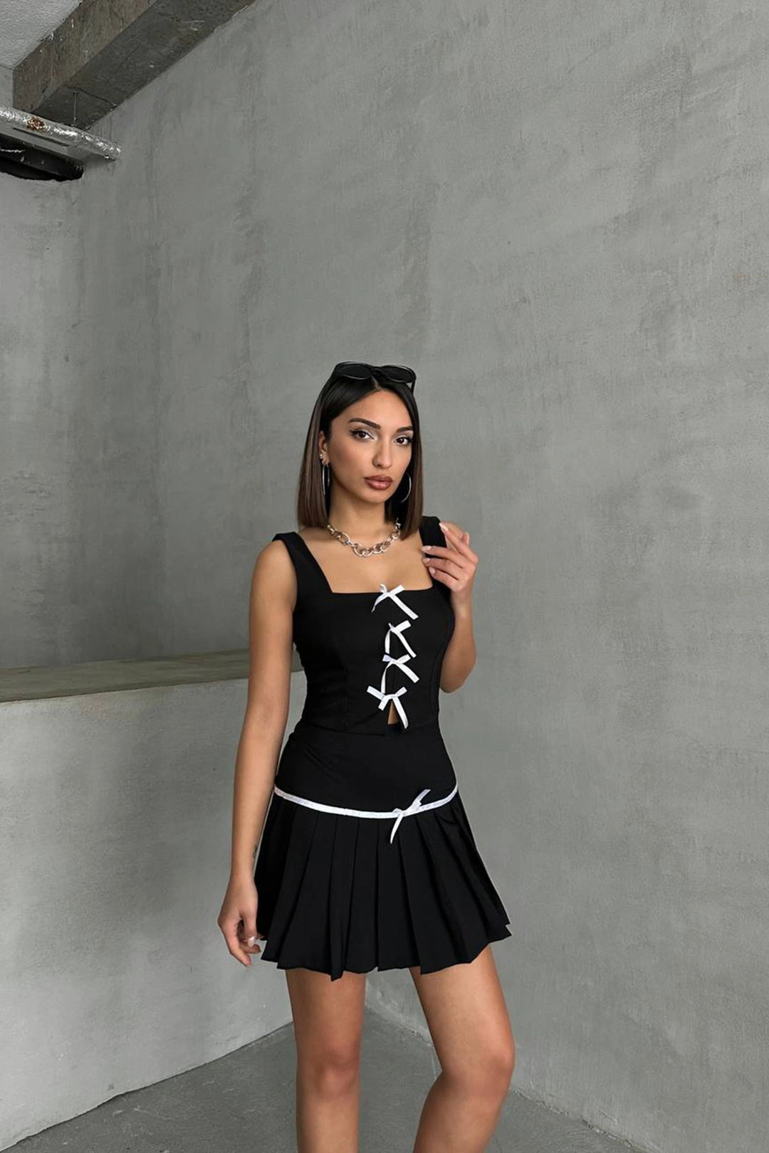 Black Bow Detail Blouse and Pleated Skirt Set BCHN-25255015 - South Bend