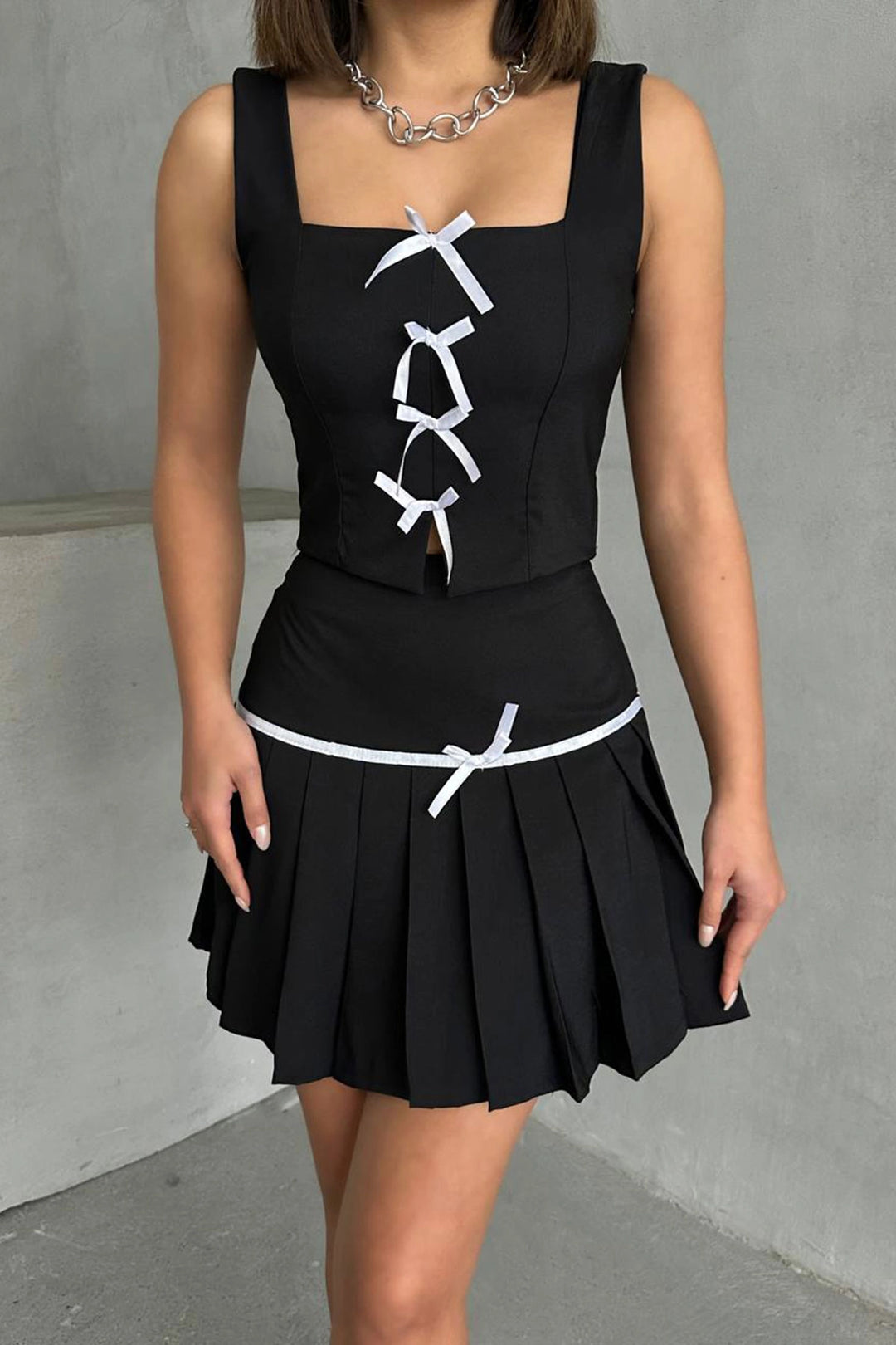 Black Bow Detail Blouse and Pleated Skirt Set BCHN-25255015 - South Bend