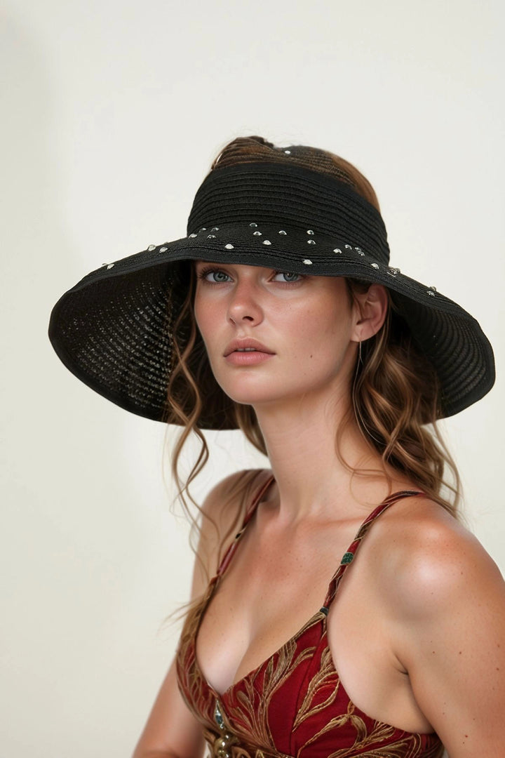 Black Full Stone Bow Top Open Mesh Visor Hat BCNSV-2514592 - Castelo Branco