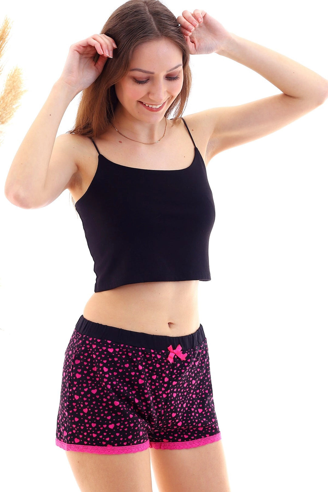 Black Fuchsia Elastic Waist Lace Trim Shorts CO-2520050517 - Davie