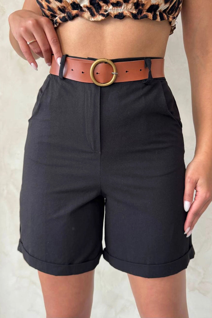 Black Gabardine Belted Shorts BCHN-2525735 - El Centro