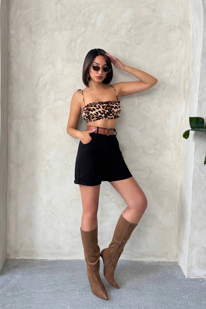 Black Gabardine Belted Shorts BCHN-2525735 - El Centro