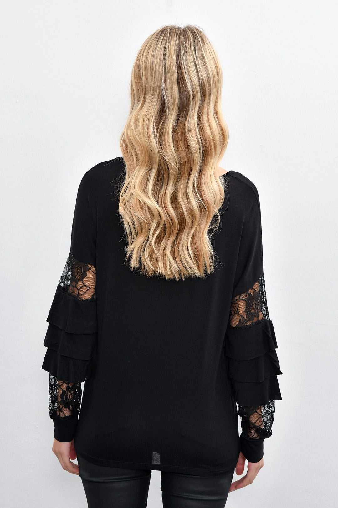 Black Crew Neck Sleeves Tulle and Ruffle Detailed Blouse BCBSK-25700-K4725 - Torre-Pacheco