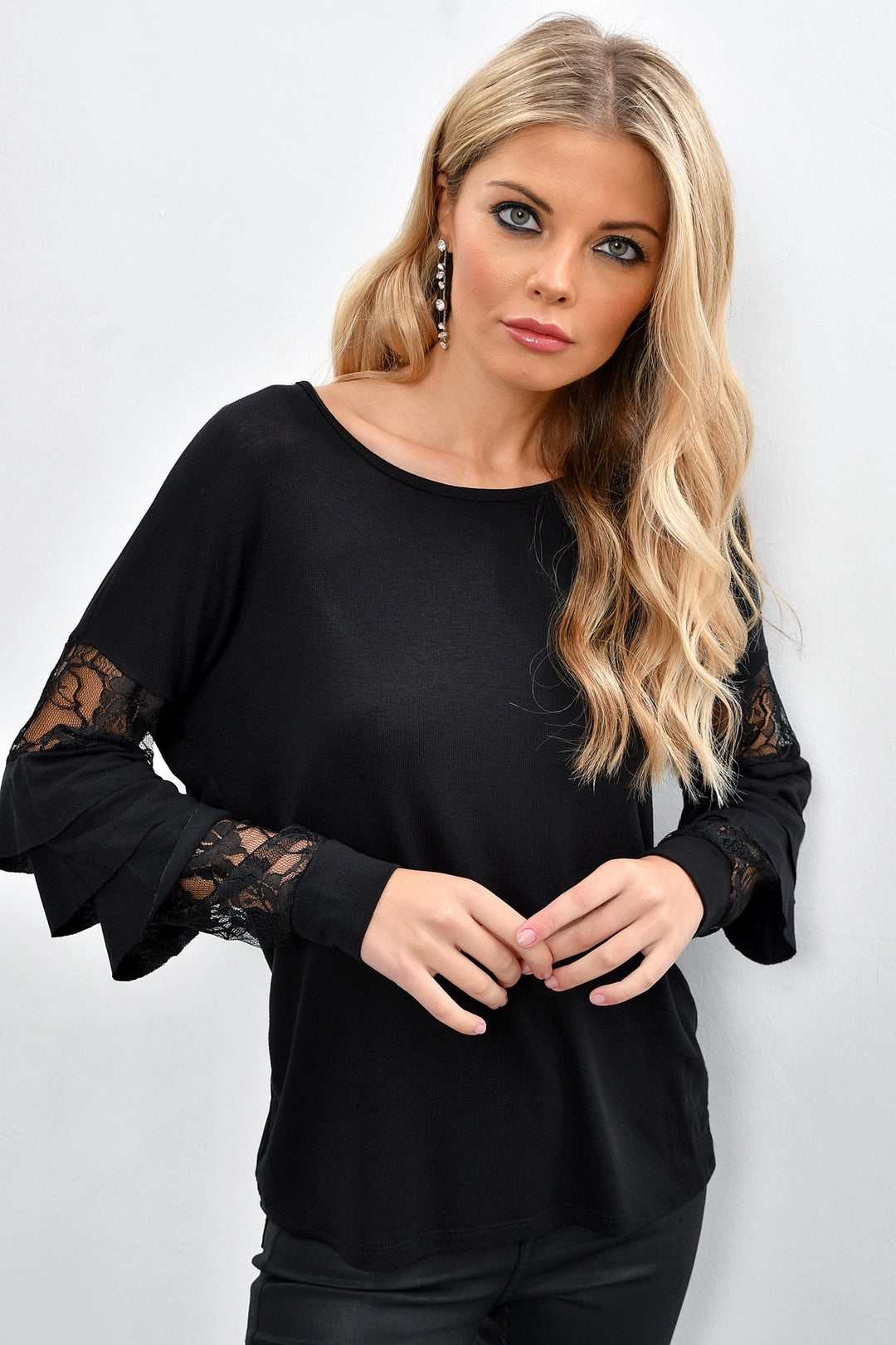 Black Crew Neck Sleeves Tulle and Ruffle Detailed Blouse BCBSK-25700-K4725 - Torre-Pacheco