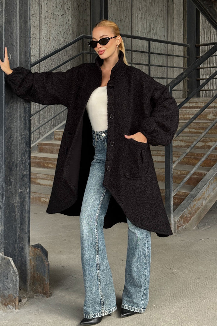 Black Wide Double Pocket Thick Boucle Fabric Winter Jacket BCVL-25V600 - Aubervilliers