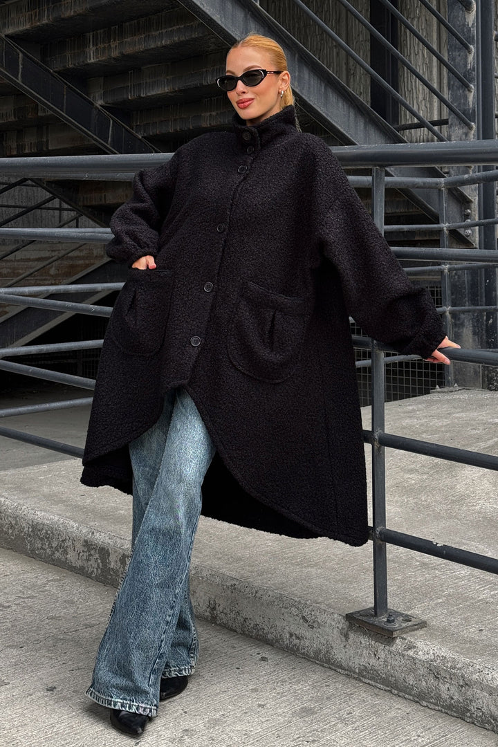 Black Wide Double Pocket Thick Boucle Fabric Winter Jacket BCVL-25V600 - Aubervilliers