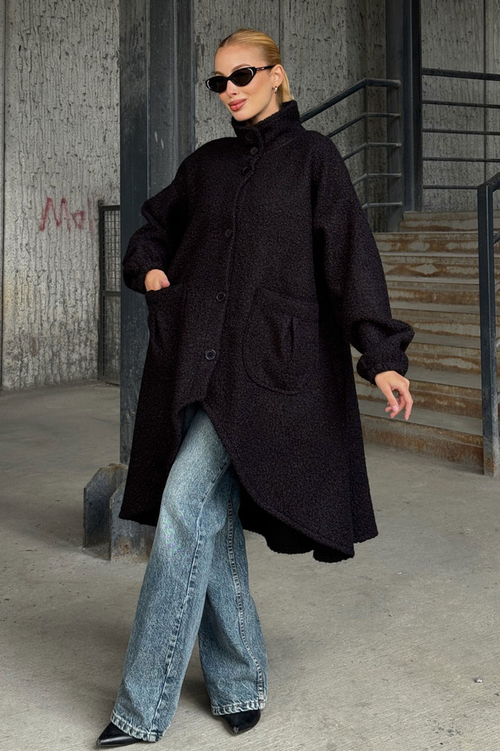 Black Wide Double Pocket Thick Boucle Fabric Winter Jacket BCVL-25V600 - Aubervilliers