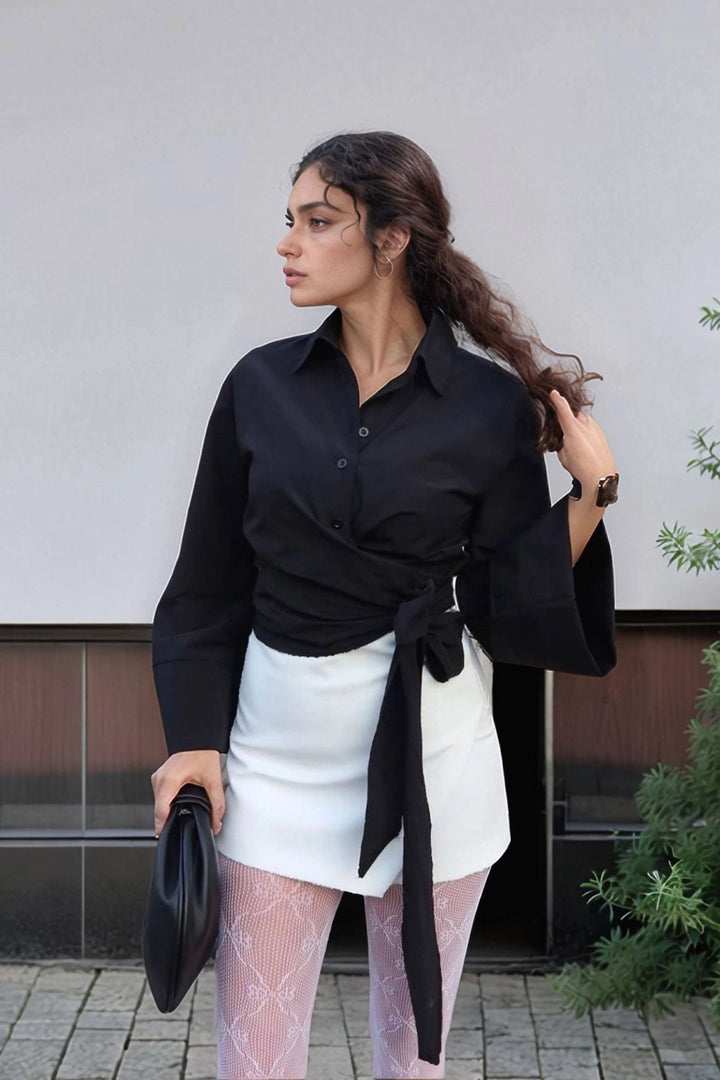 Black Poplin Shirt with Wide Cuffed Sleeves and Front Tie Detail BCDF-2510000 - Albuquerque