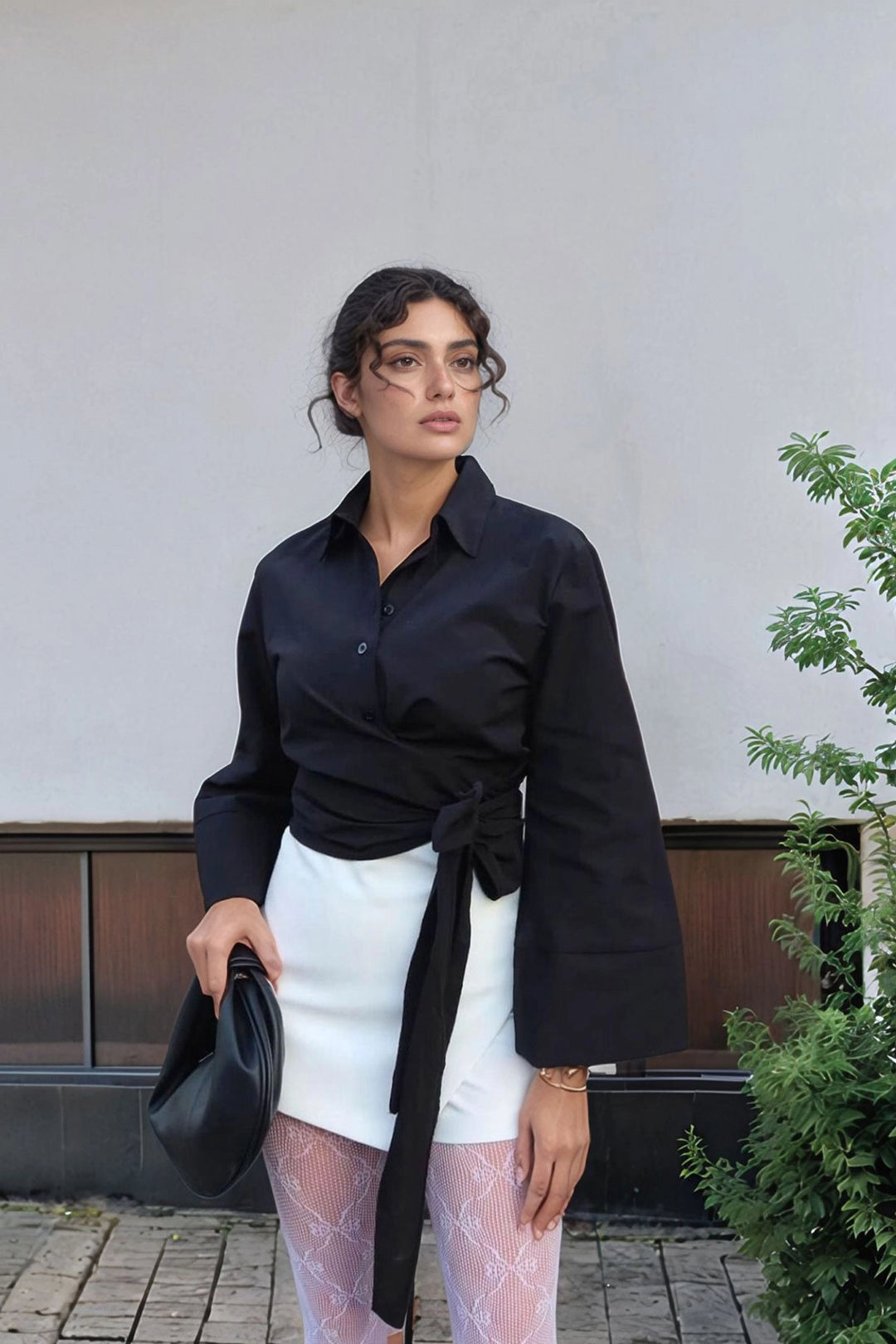 Black Poplin Shirt with Wide Cuffed Sleeves and Front Tie Detail BCDF-2510000 - Albuquerque