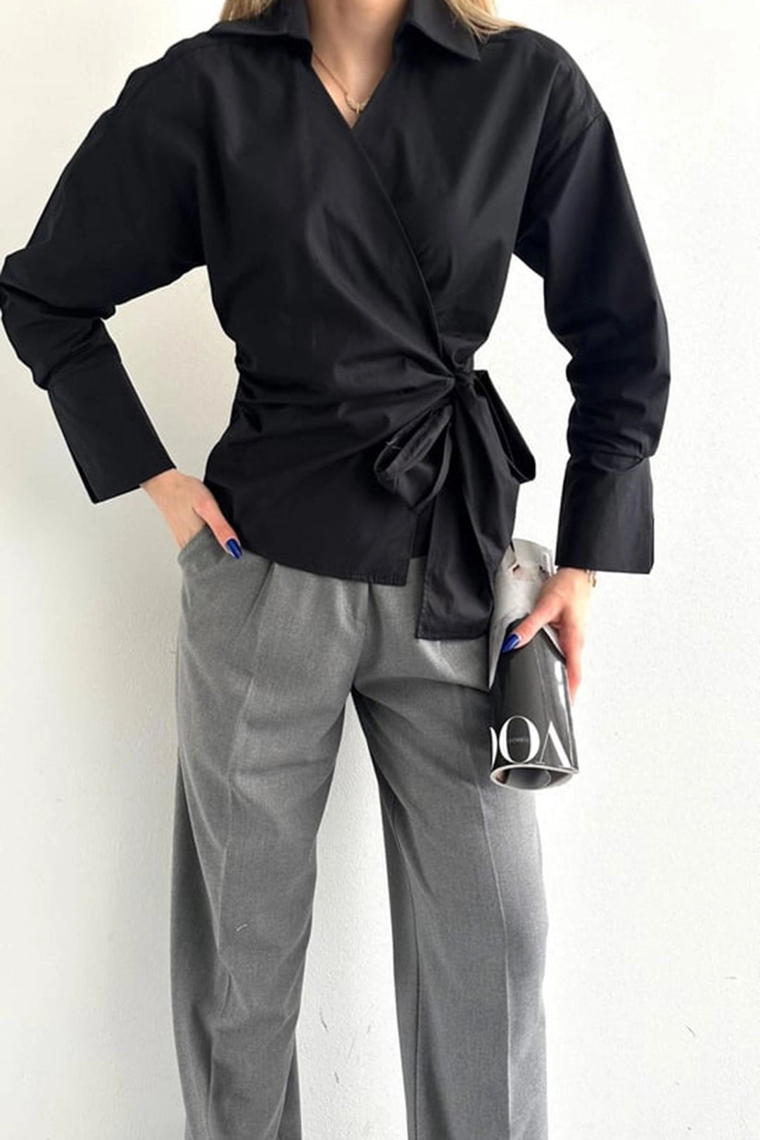 Black Wide Cuffed Double Breasted Poplin Shirt with Front Tie Closure BCDF-2530000 - Sun Prairie