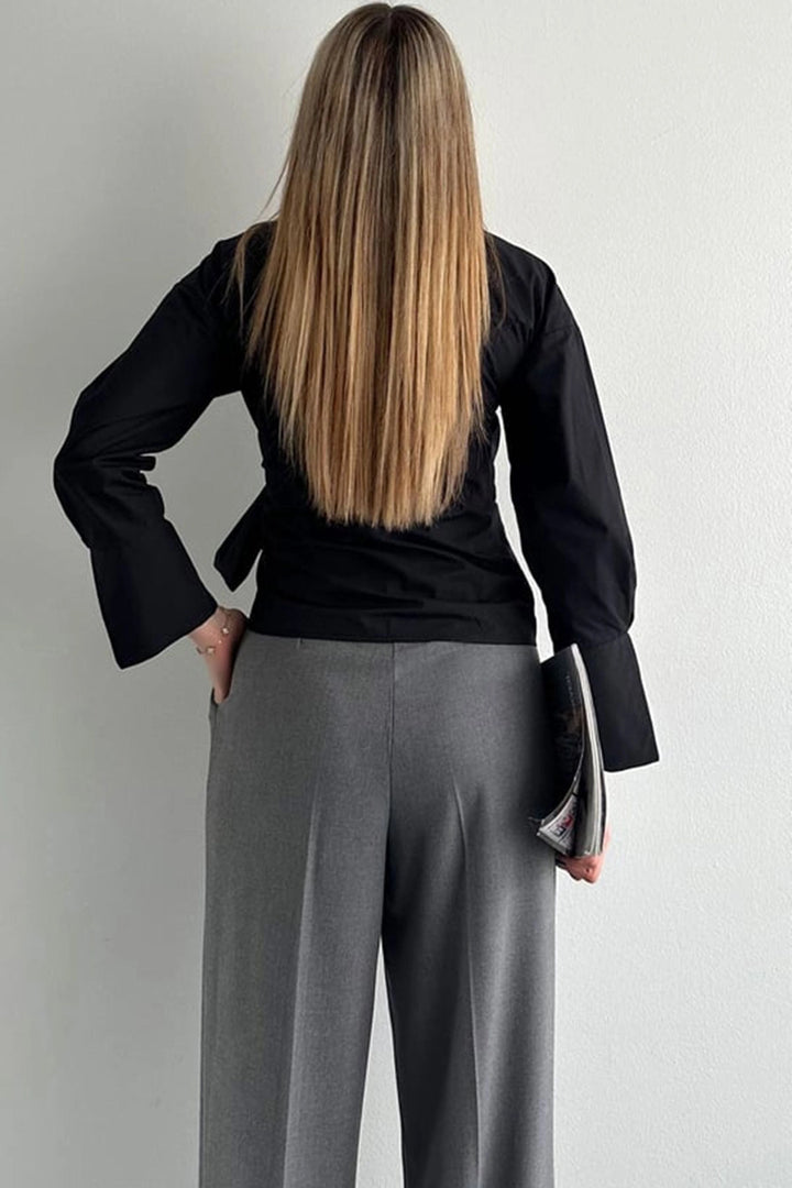 Black Wide Cuffed Double Breasted Poplin Shirt with Front Tie Closure BCDF-2530000 - Sun Prairie
