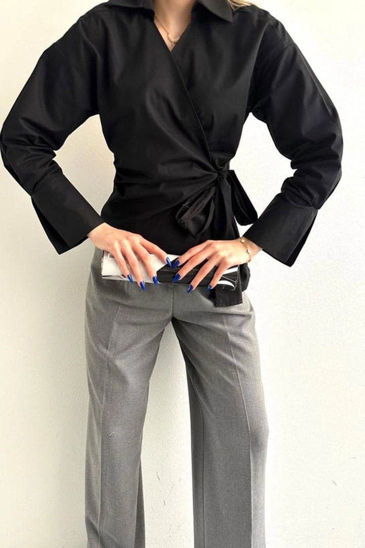 Black Wide Cuffed Double Breasted Poplin Shirt with Front Tie Closure BCDF-2530000 - Sun Prairie