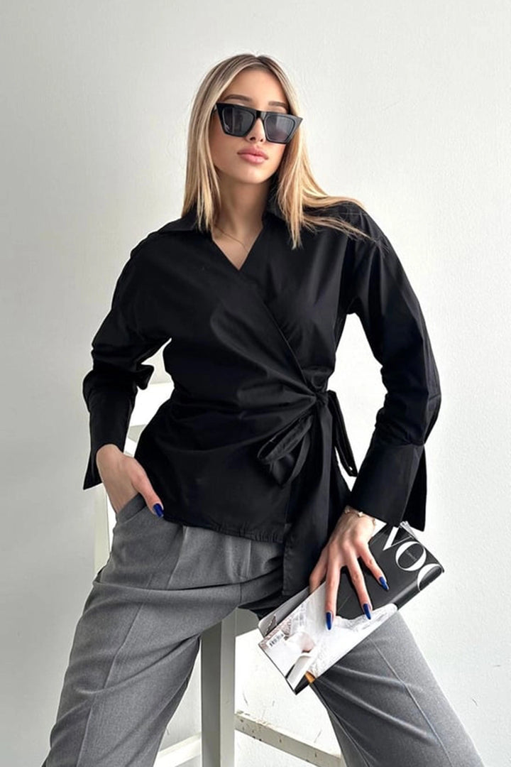 Black Wide Cuffed Double Breasted Poplin Shirt with Front Tie Closure BCDF-2530000 - Sun Prairie