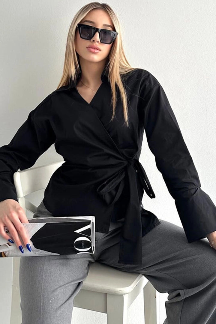 Black Wide Cuffed Double Breasted Poplin Shirt with Front Tie Closure BCDF-2530000 - Sun Prairie