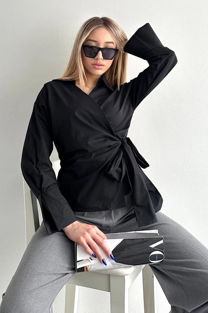 Black Wide Cuffed Double Breasted Poplin Shirt with Front Tie Closure BCDF-2530000 - Sun Prairie