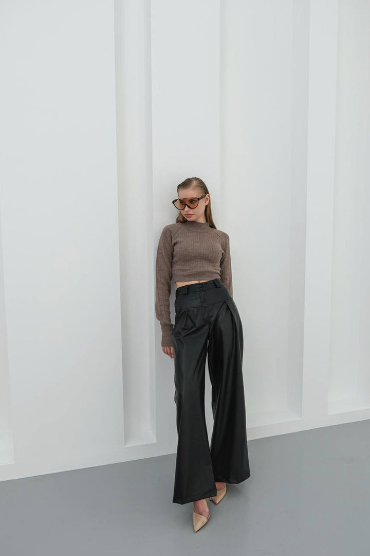 Black Wide Leg Faux Leather Pants BCHN-25263644 - Roseville