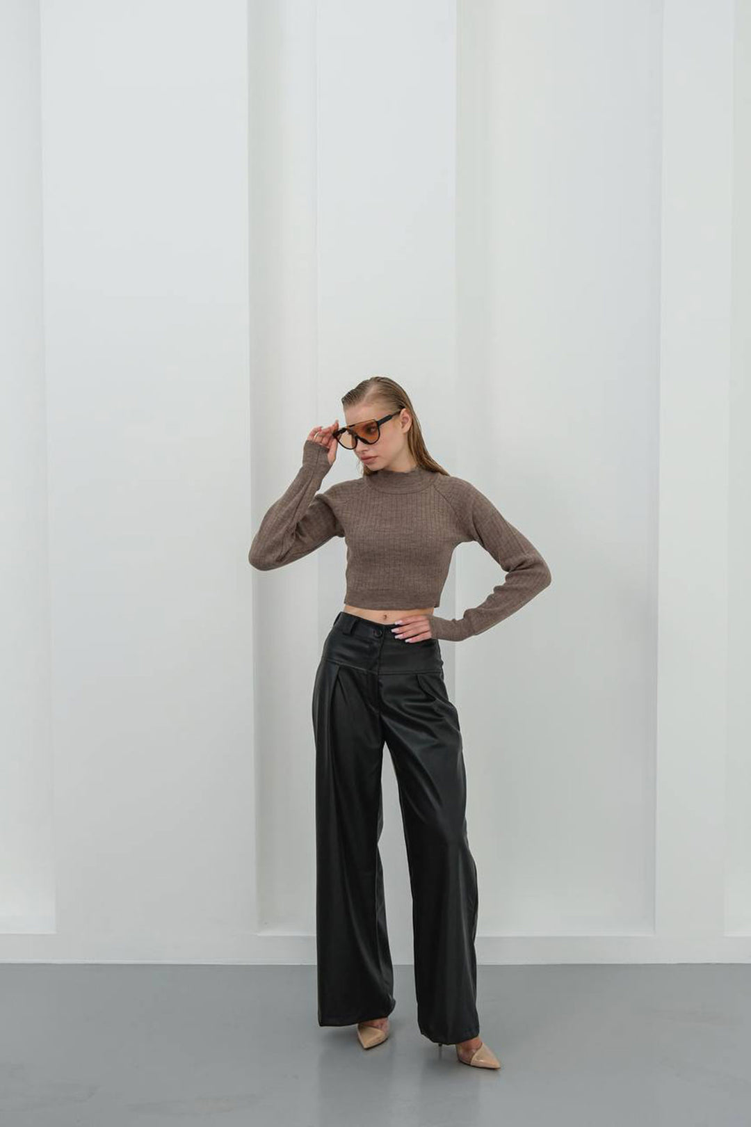 Black Wide Leg Faux Leather Pants BCHN-25263644 - Roseville