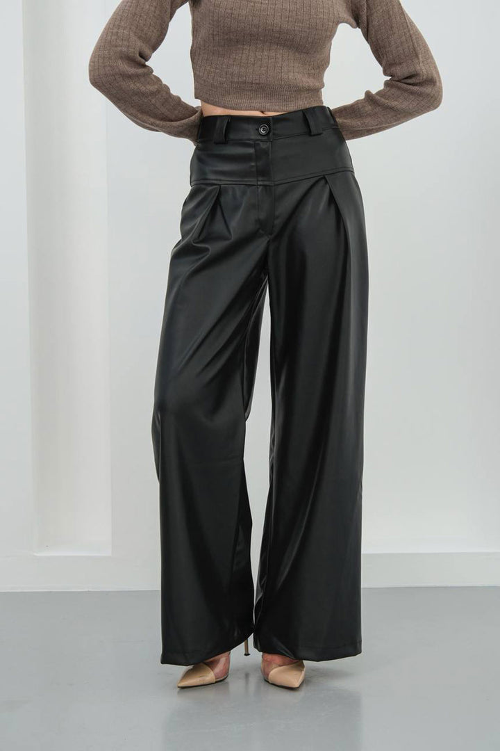 Black Wide Leg Faux Leather Pants BCHN-25263644 - Roseville