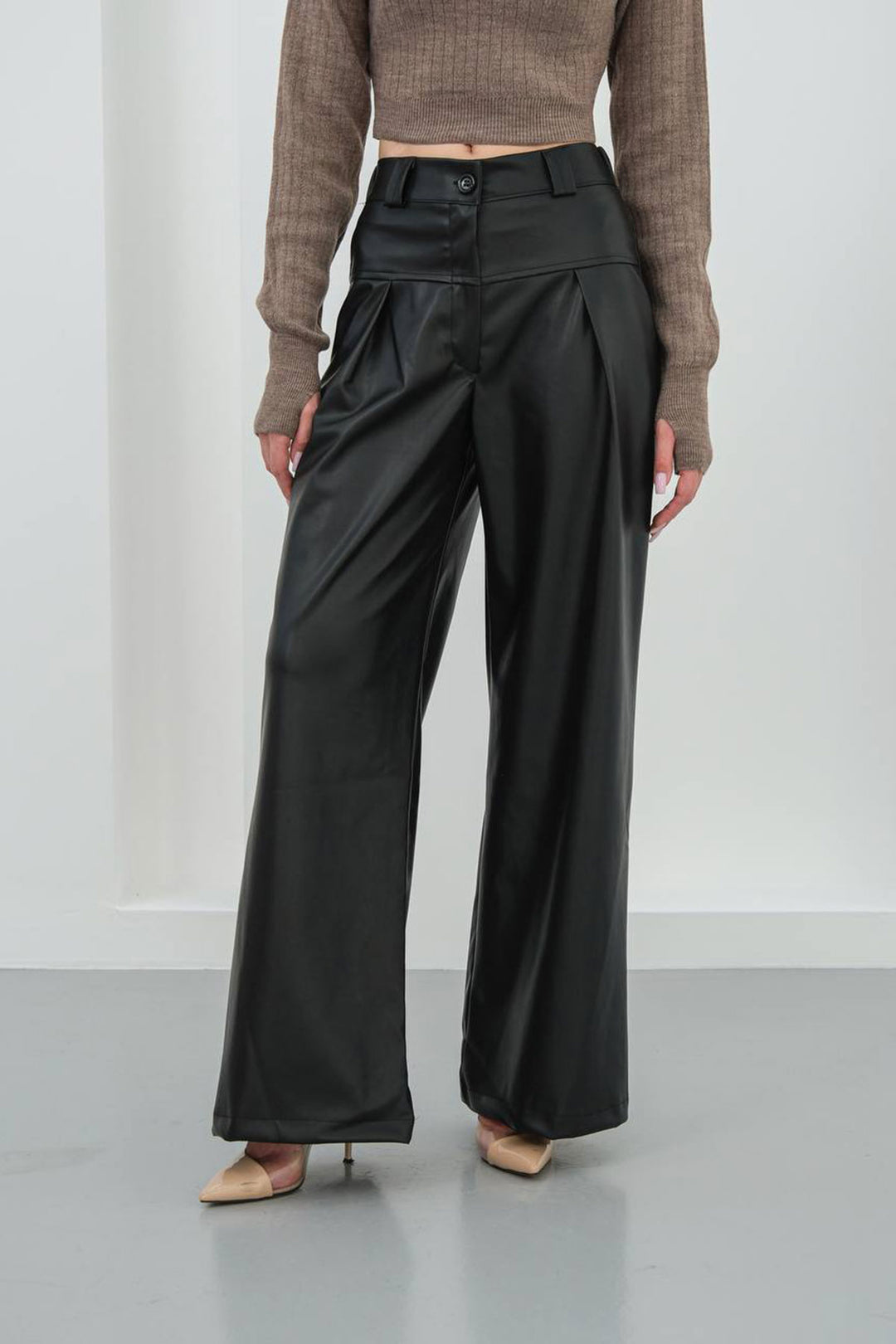 Black Wide Leg Faux Leather Pants BCHN-25263644 - Roseville