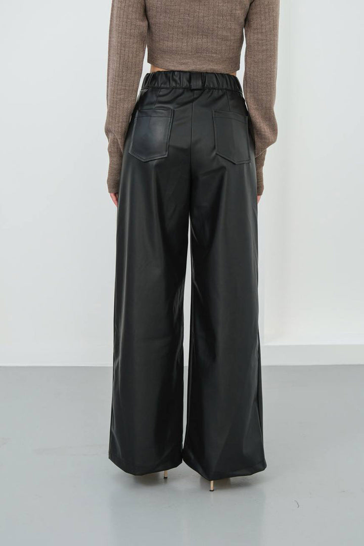 Black Wide Leg Faux Leather Pants BCHN-25263644 - Roseville