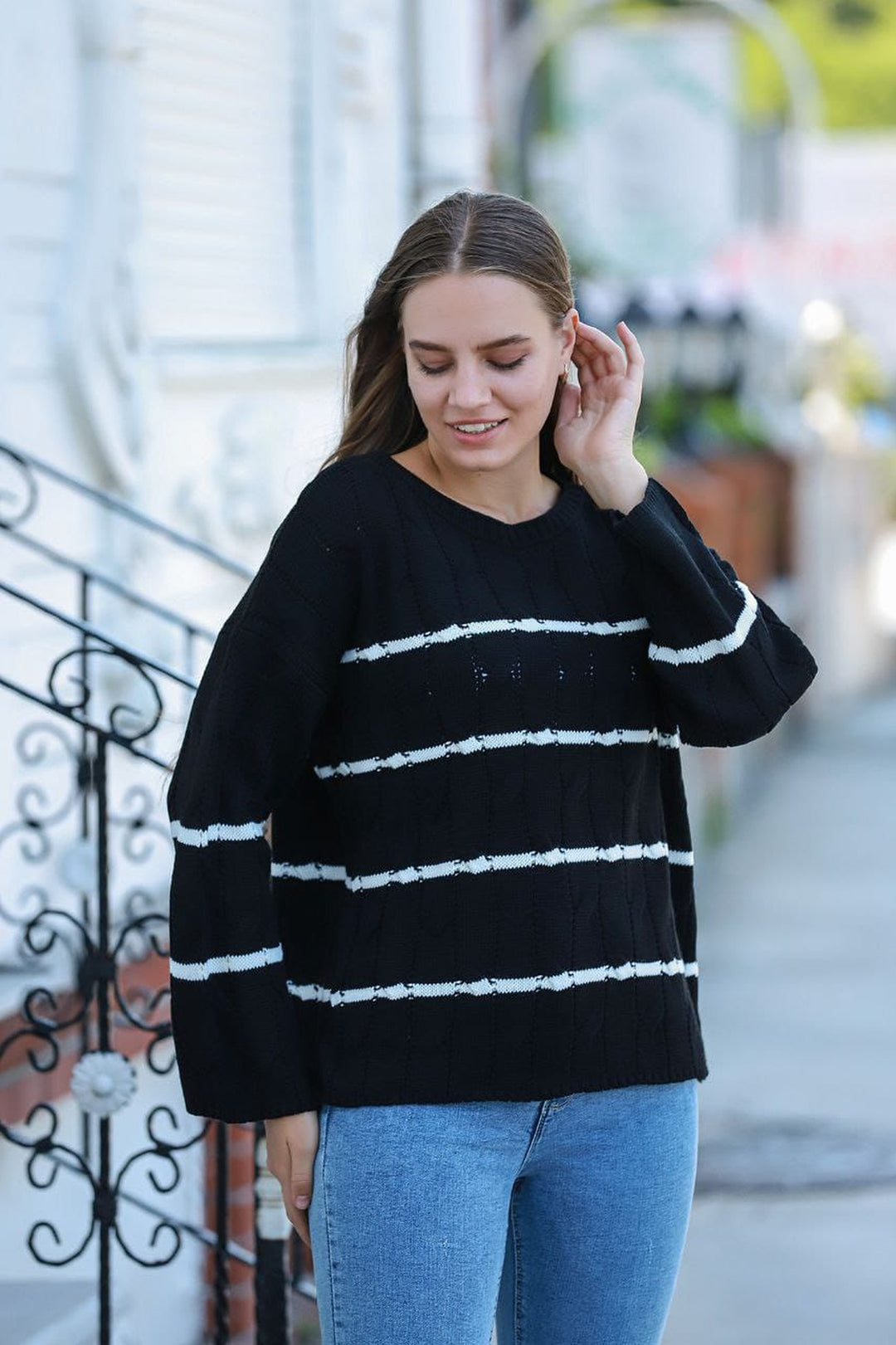 Black Wide Neck Hair Braid Patterned Striped Winter Sweater BCES-253013 - Silao