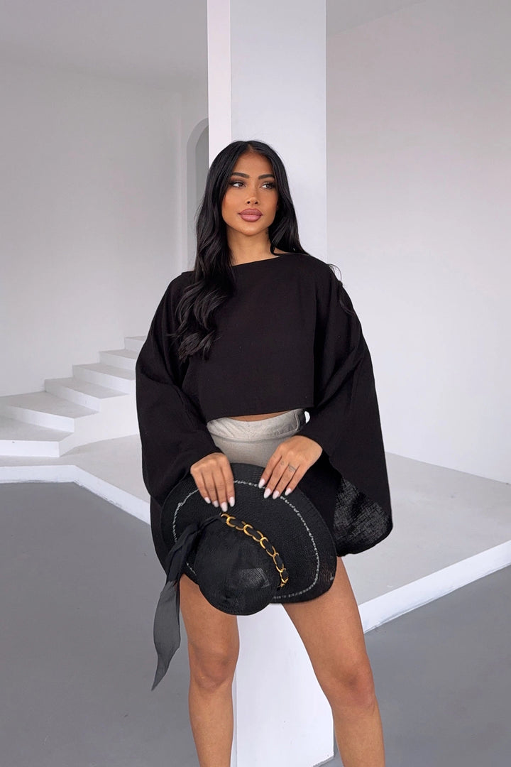 Black Wide Neck Batwing Sleeve Muslin Fabric Linen Blouse BCBT-251003 - Arles