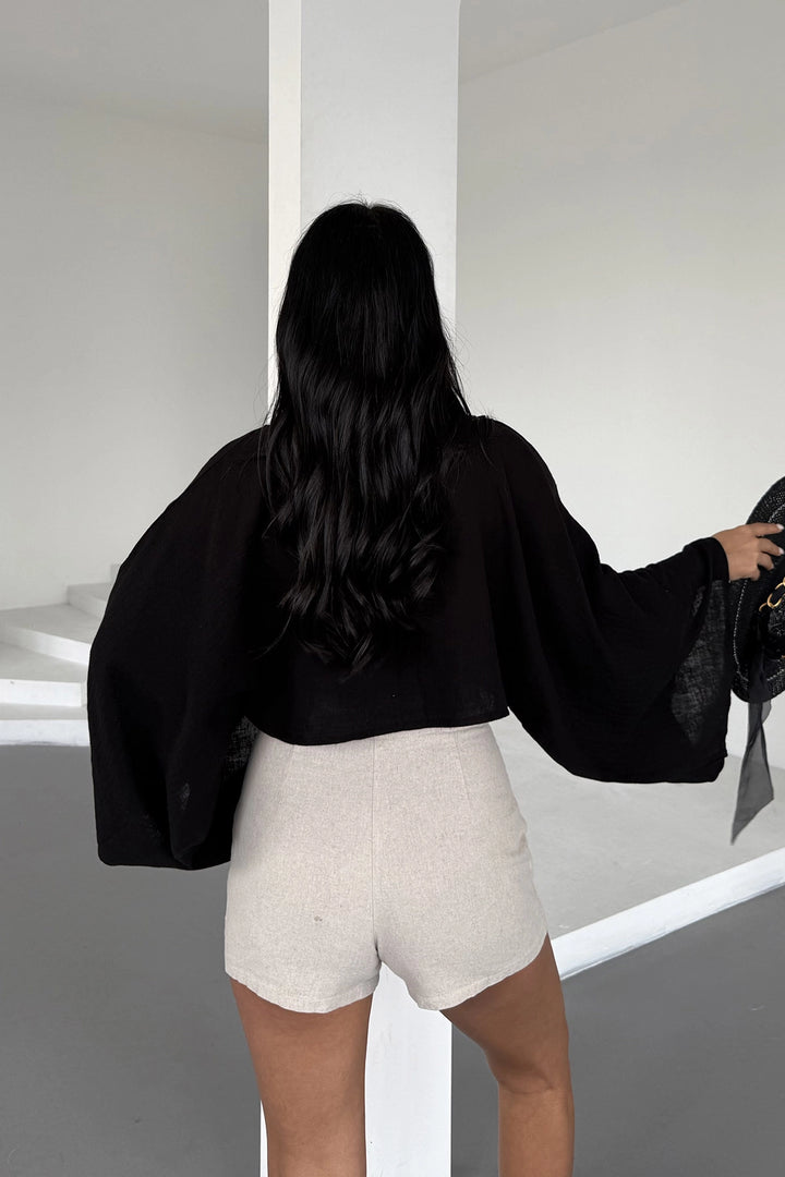 Black Wide Neck Batwing Sleeve Muslin Fabric Linen Blouse BCBT-251003 - Arles
