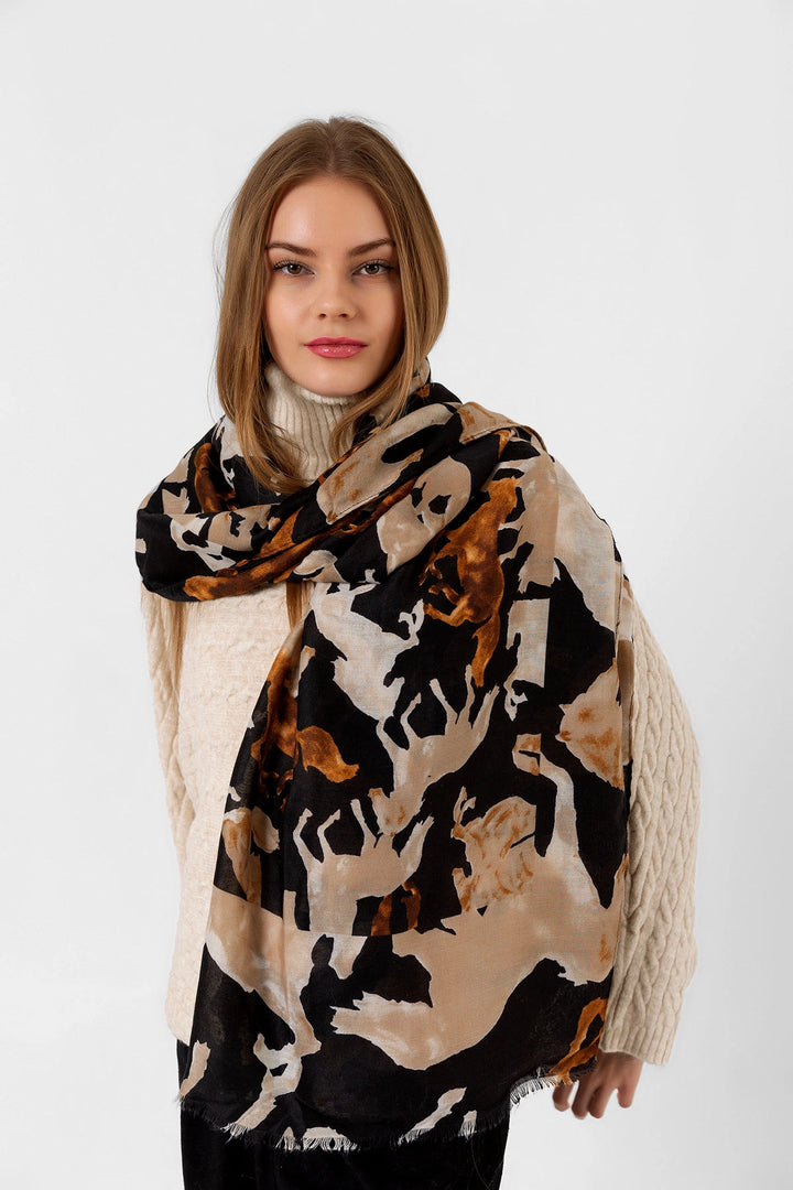 Black Deer Patterned Shawl BCNSV-2515056 - Plymouth