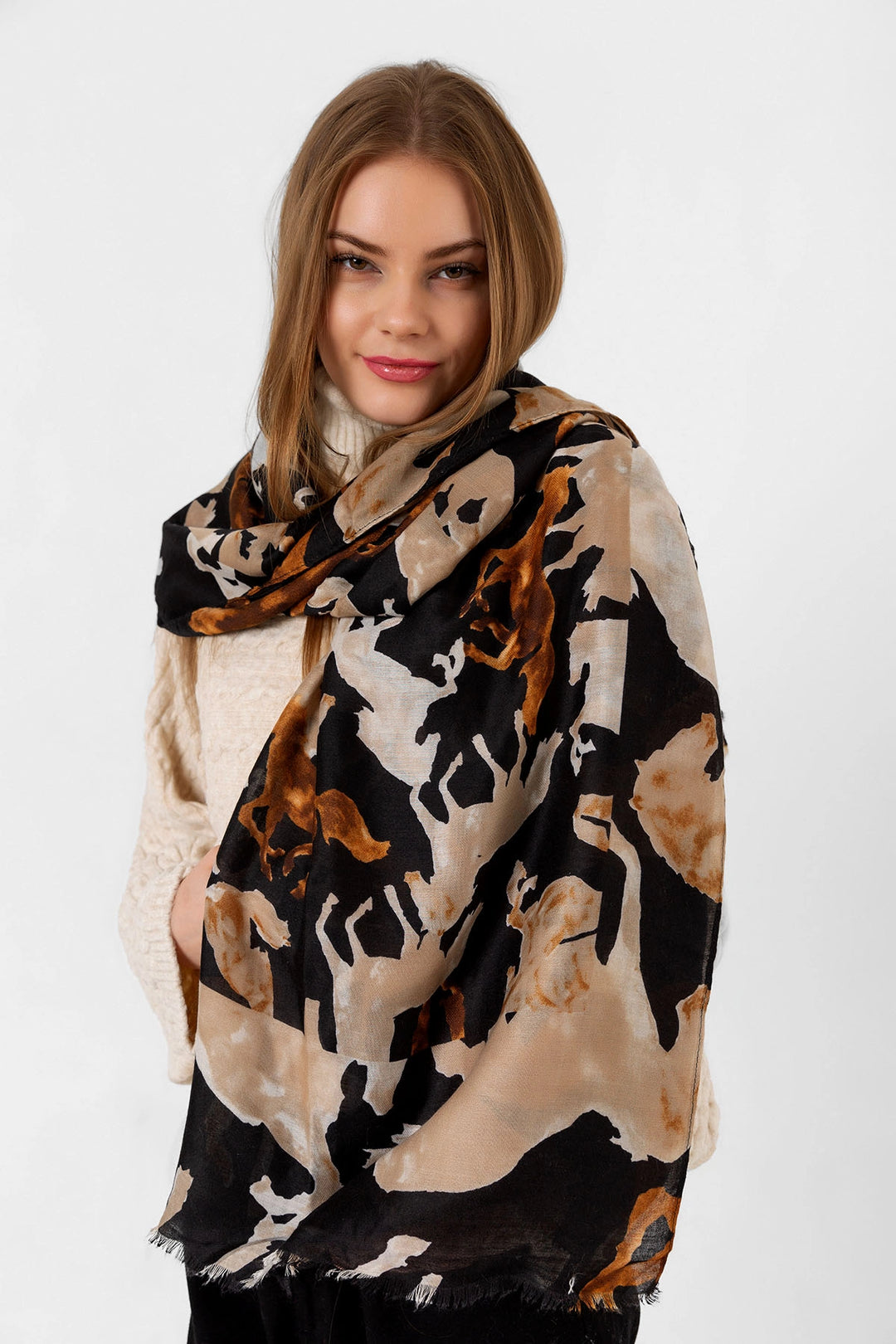 Black Deer Patterned Shawl BCNSV-2515056 - Plymouth