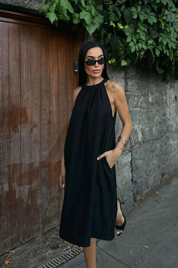 Black Linen Woven Dress with Hidden Pocket BCDF-25255029 - Lucca