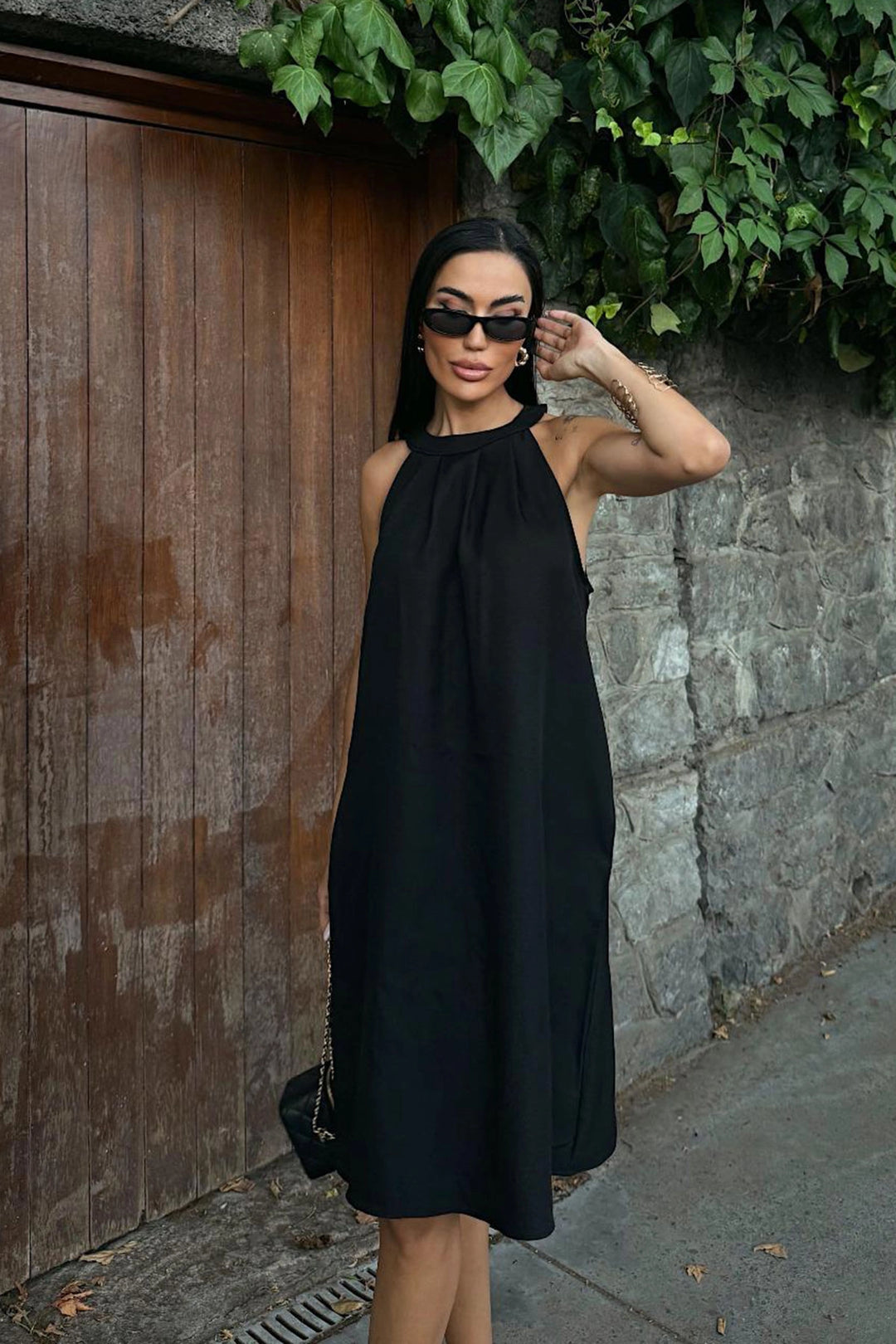Black Linen Woven Dress with Hidden Pocket BCDF-25255029 - Butte