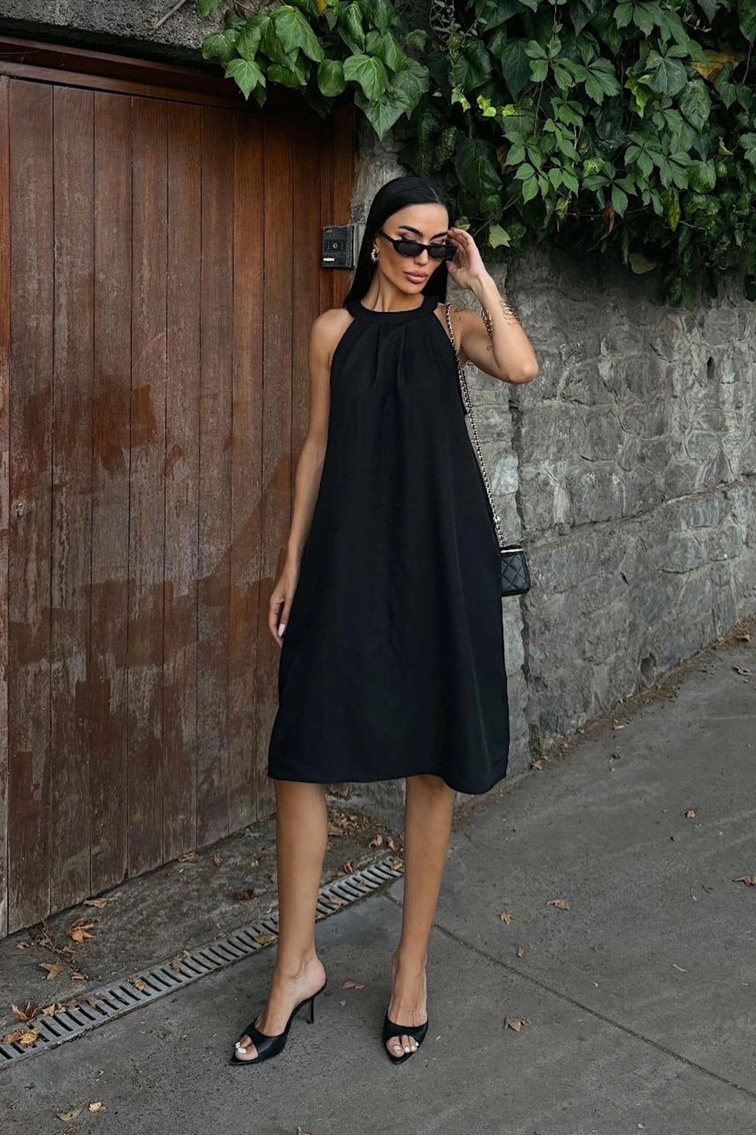 Black Linen Woven Dress with Hidden Pocket BCDF-25255029 - Butte