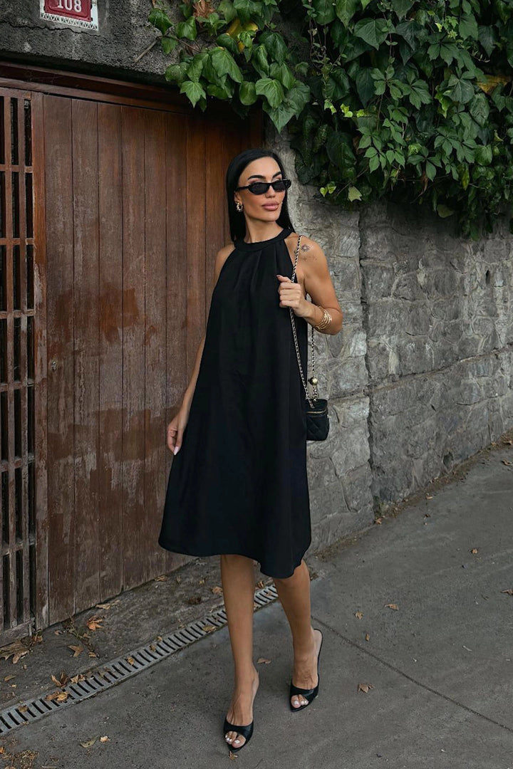 Black Linen Woven Dress with Hidden Pocket BCDF-25255029 - Butte