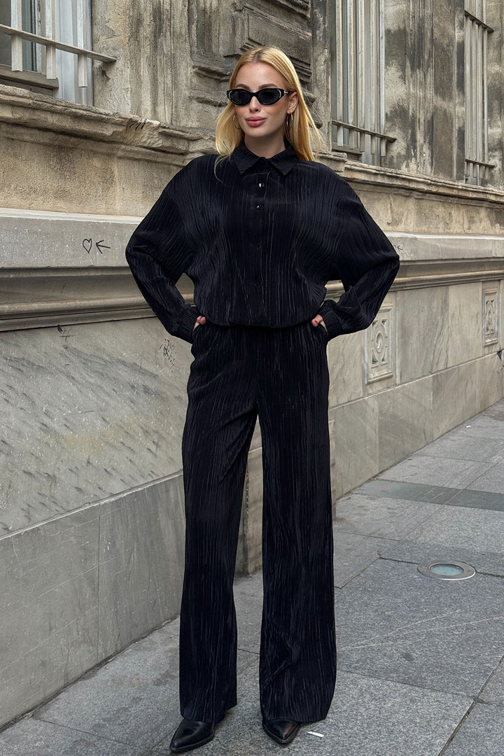 Black Shirt And Palazzo Pants Pile Fabric Woven Top Set BCVL-25V236 - Herzogenrath