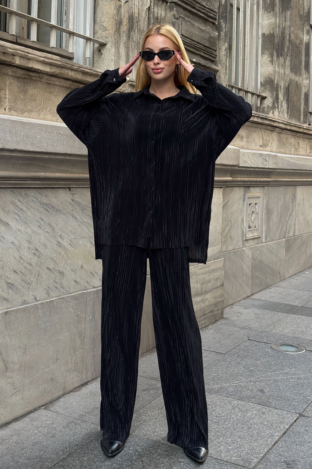Black Shirt And Palazzo Pants Pile Fabric Woven Top Set BCVL-25V236 - Herzogenrath