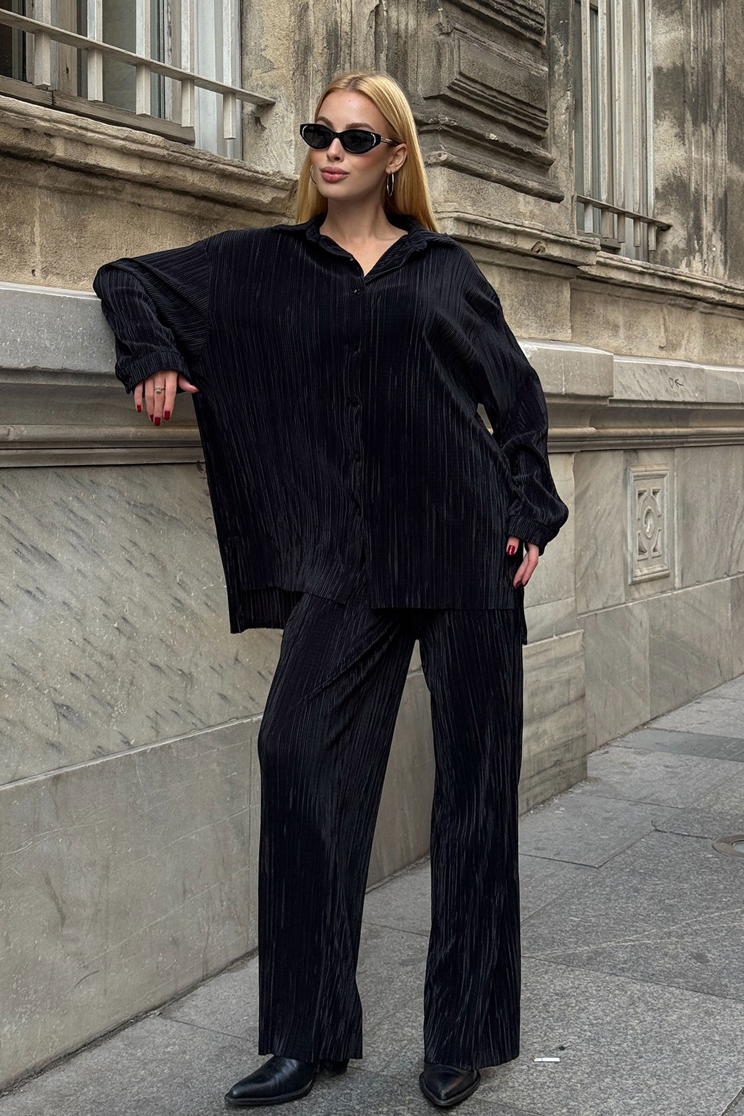 Black Shirt And Palazzo Pants Pile Fabric Woven Top Set BCVL-25V236 - Herzogenrath