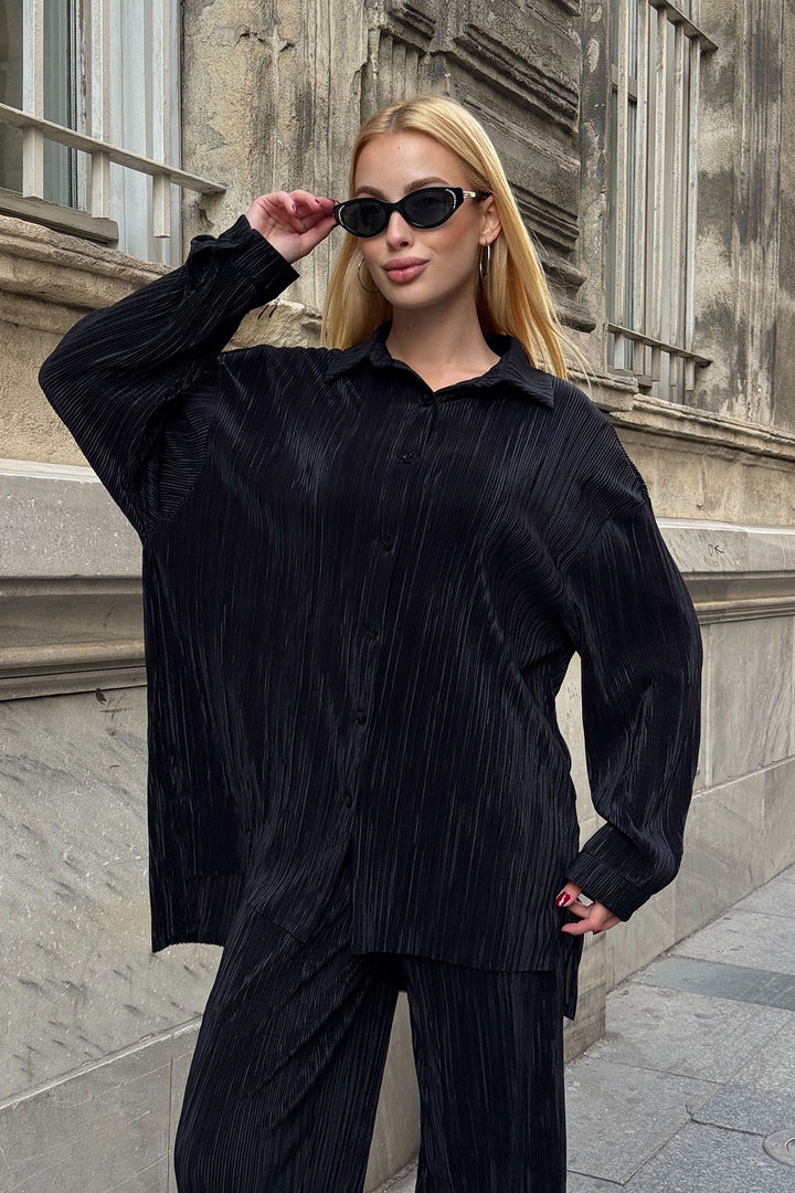 Black Shirt And Palazzo Pants Pile Fabric Woven Top Set BCVL-25V236 - Herzogenrath