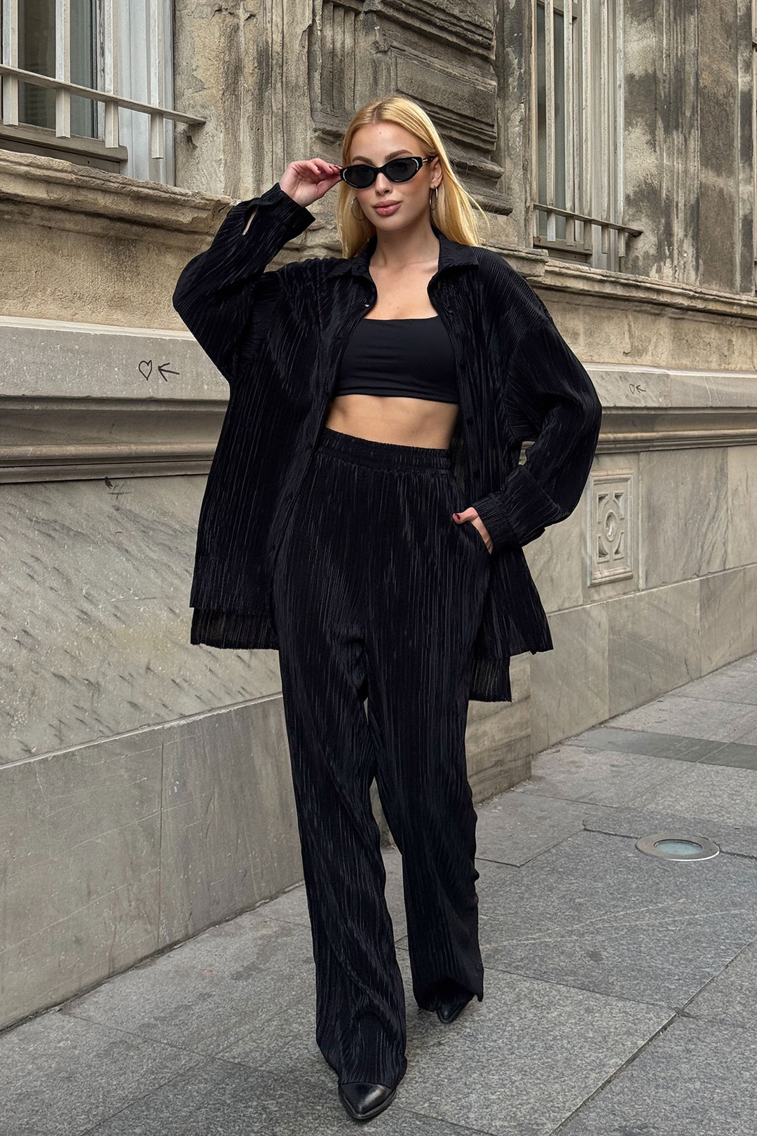 Black Shirt And Palazzo Pants Pile Fabric Woven Top Set BCVL-25V236 - Herzogenrath