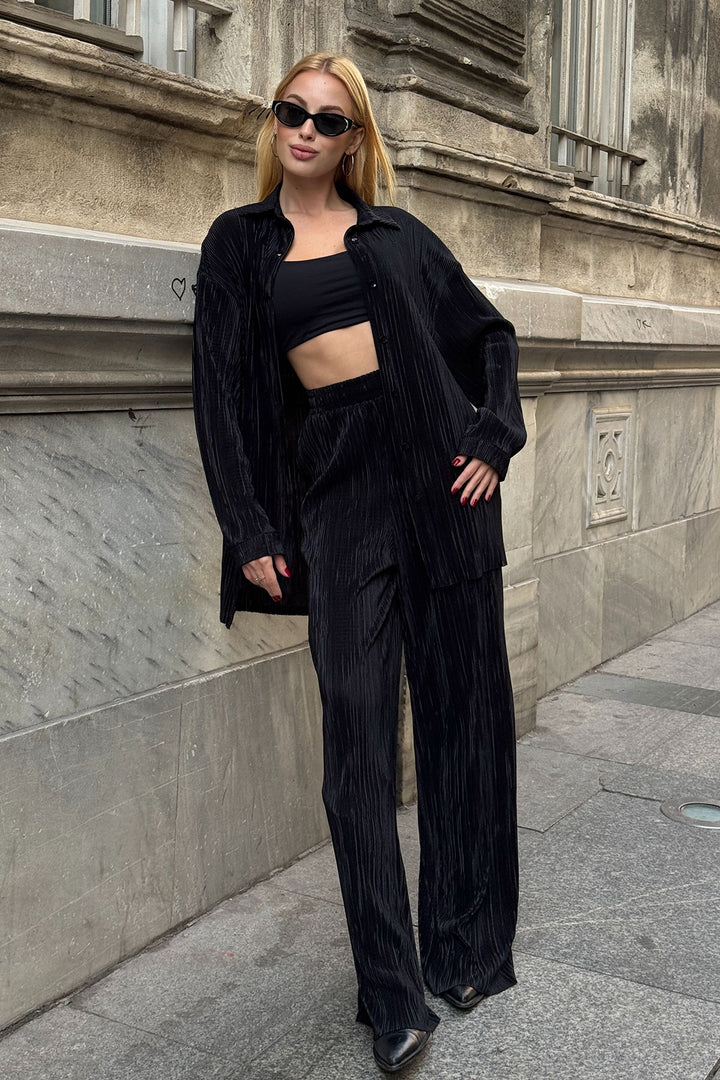 Black Shirt And Palazzo Pants Pile Fabric Woven Top Set BCVL-25V236 - Herzogenrath