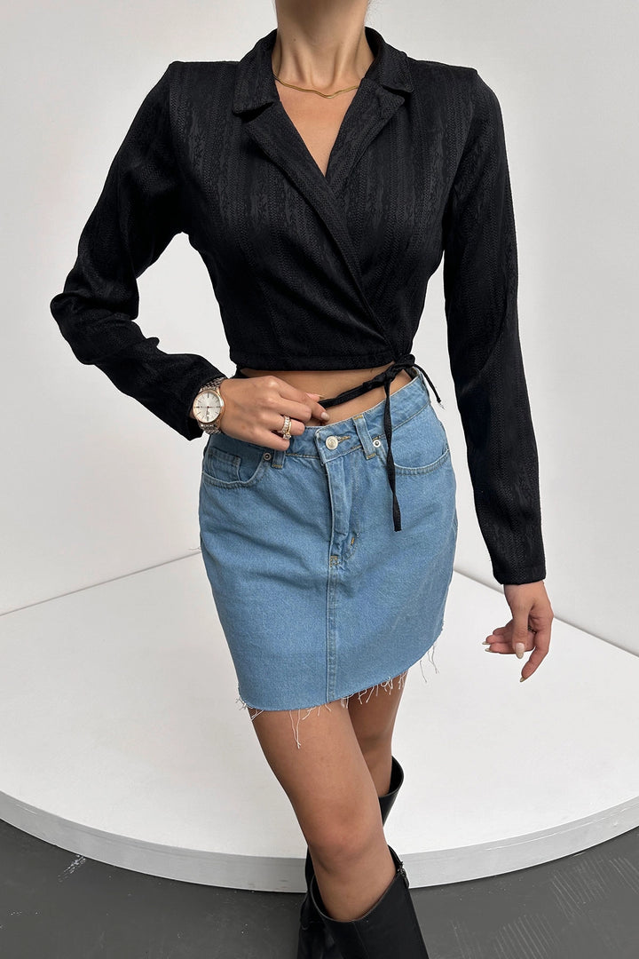 Black Shirt Collar Tied Crop Blouse BCDF-242109 - Renton