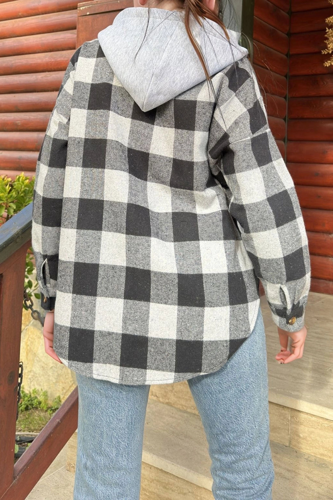 Black Gray Hooded Oversized Long Sleeve Shirt BCBSK-25700-3667 - Braintree