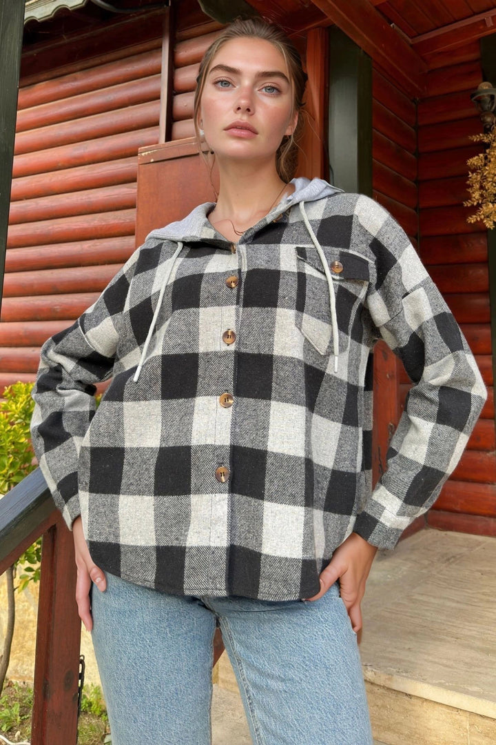 Black Gray Hooded Oversized Long Sleeve Shirt BCBSK-25700-3667 - Braintree
