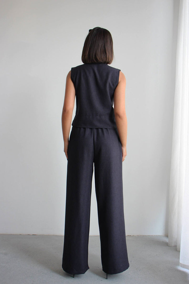 Siyah Hakim Yaka Bluz Ve Beli Lastikli Dokuma Pantolon Alt Üst Takım BCHN-2626821 - Perth
