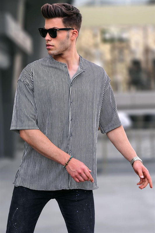 MDX Black Judge Collar Striped Short Sleeve Shirt 5863 - Villefranche-sur-Saône