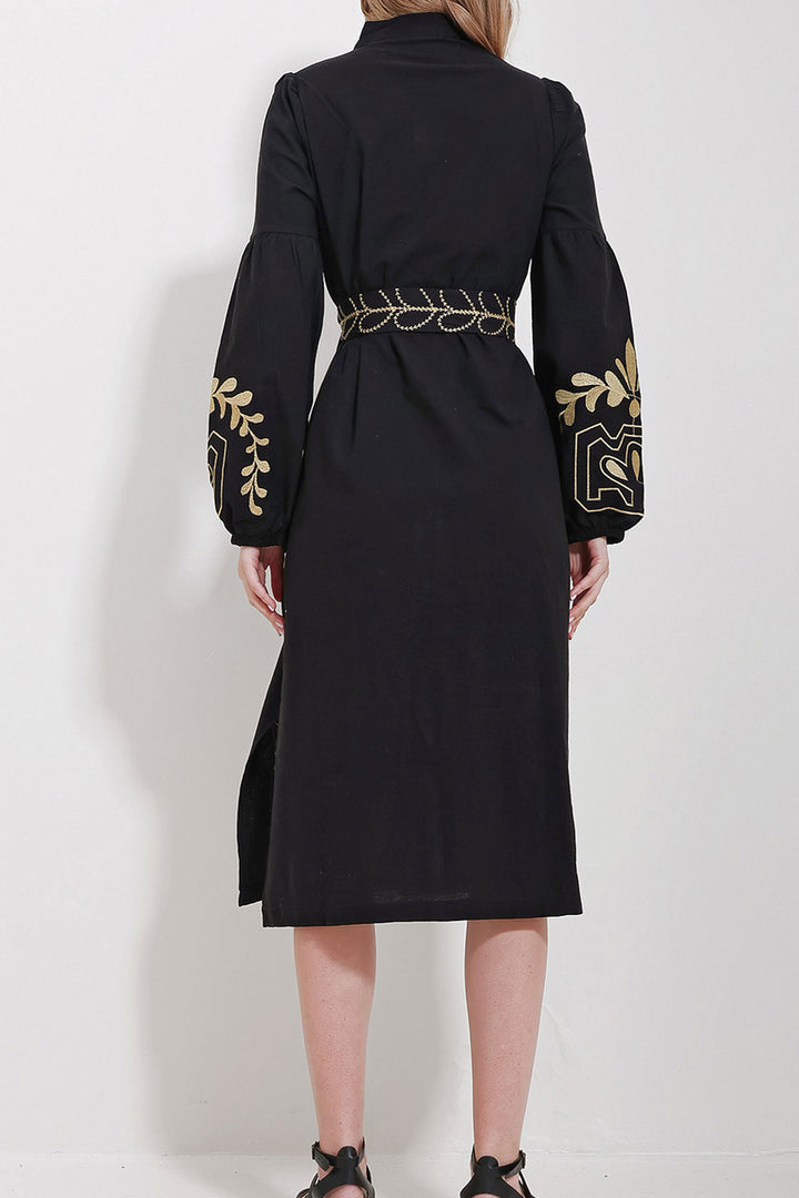 Black Judge Collar Belted Double Slit Linen Dress BCHESQ-251042 - Torre-Pacheco